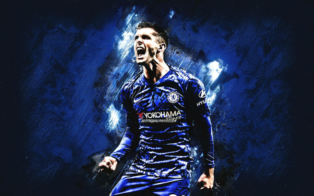 Christian Pulisic shouting with passion in bold blue Chelsea FC digital art wallpaper background