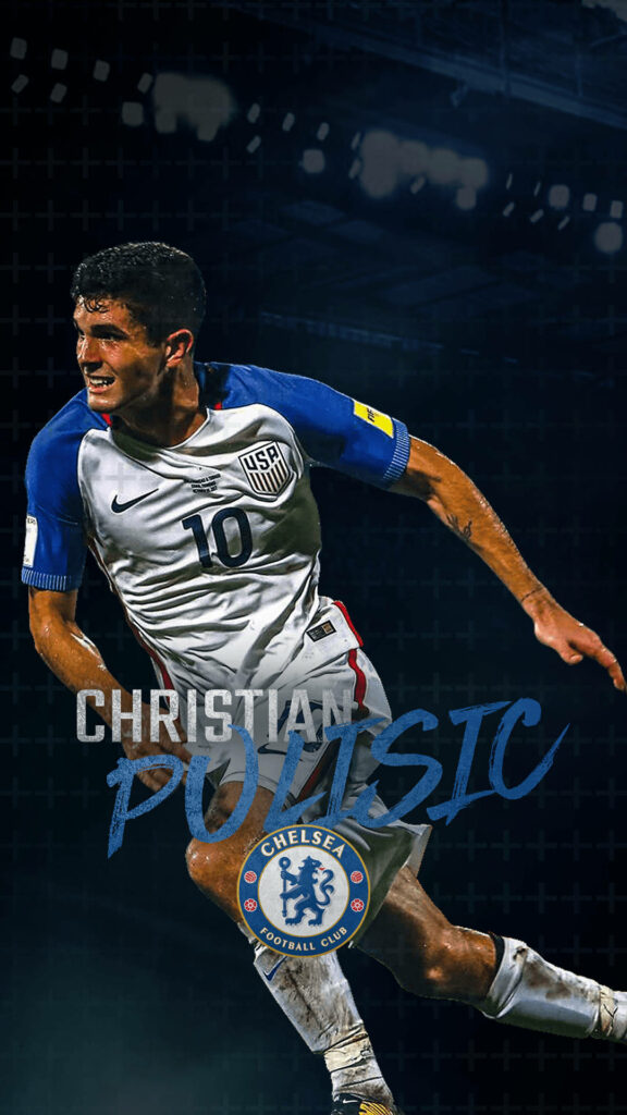 Christian Pulisic USA soccer player in action Chelsea FC logo dark stadium sports wallpaper