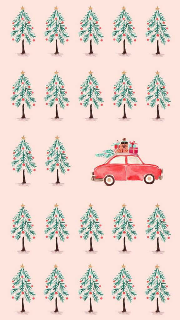 Festive Solitude: Captivating iPhone Wallpaper with a Solo Red Car Amidst Serene Rows of Evergreen Christmas Trees