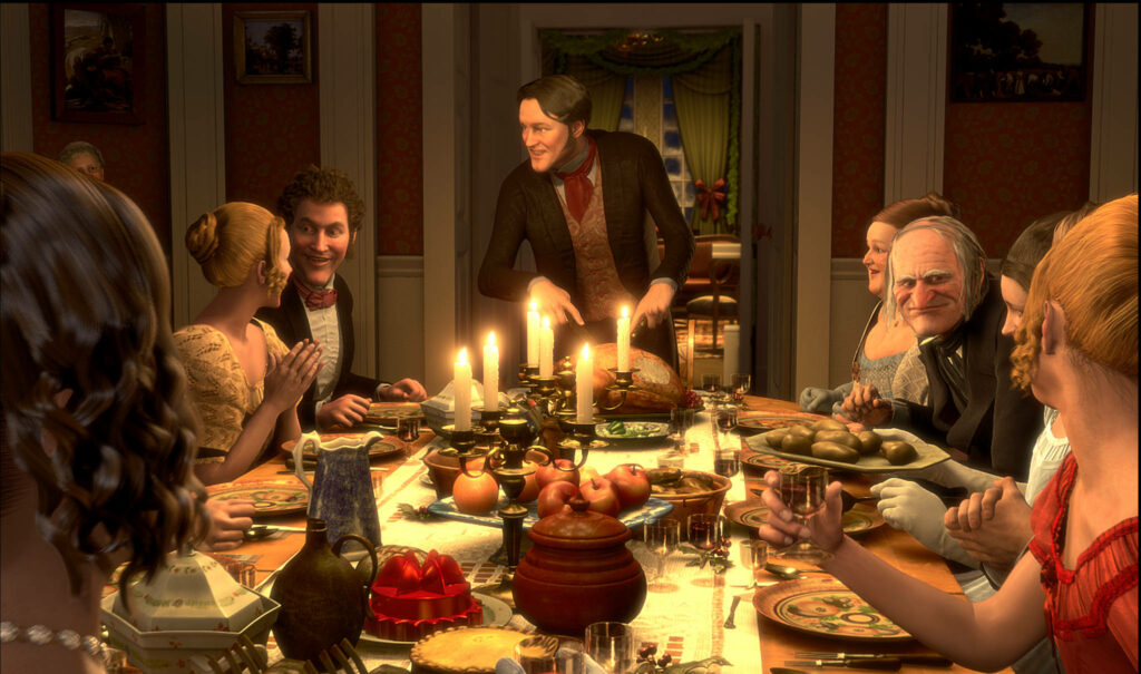 Festive Christmas Carol scene with animated characters sharing joyful holiday dinner warmth Wallpaper
