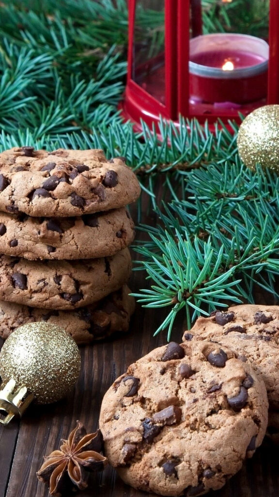 Christmas Cheer: Festive iPhone Wallpaper featuring Decadent Chocolate Cookies and Baubles
