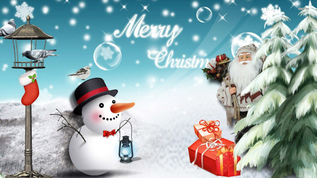 Magical Christmas Scene: Snowman, Santa, and Pine Trees Wallpaper
