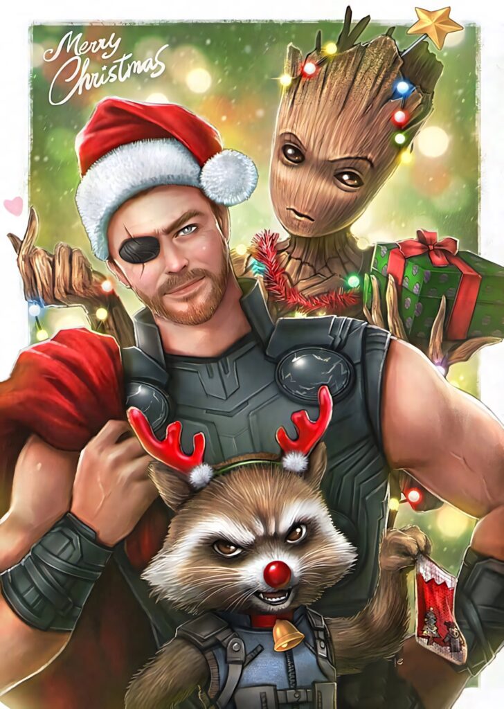 Festive Marvel Superheroes Christmas Wallpaper: Thor, Rocket & Groot