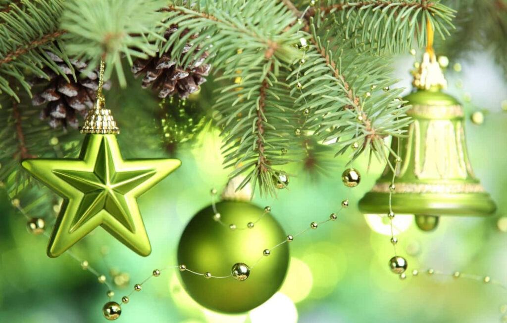 Close-Up Christmas Tree Wallpaper with Vibrant Green Ornaments