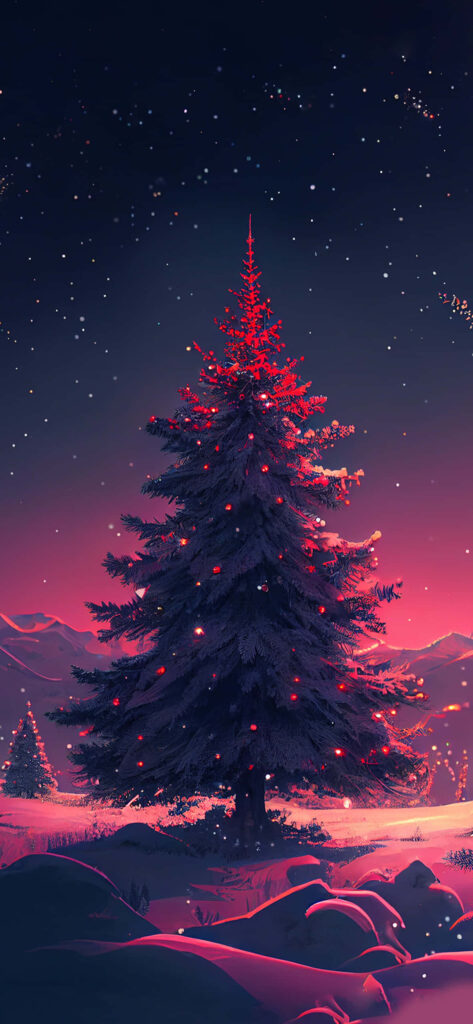 Serene Winter Night Wallpaper: Christmas Tree & Snowflakes for iPhone