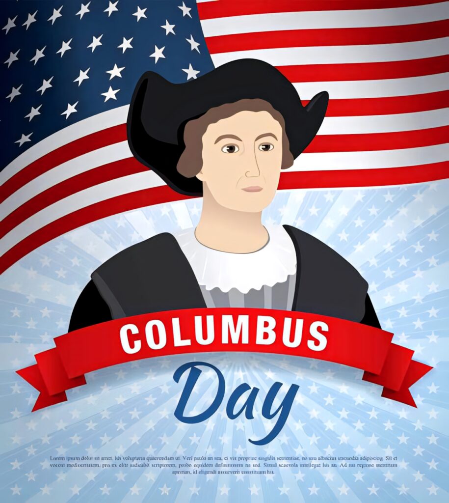 Cartoon Christopher Columbus portrait with American flag starbursts and Columbus Day banner wallpaper