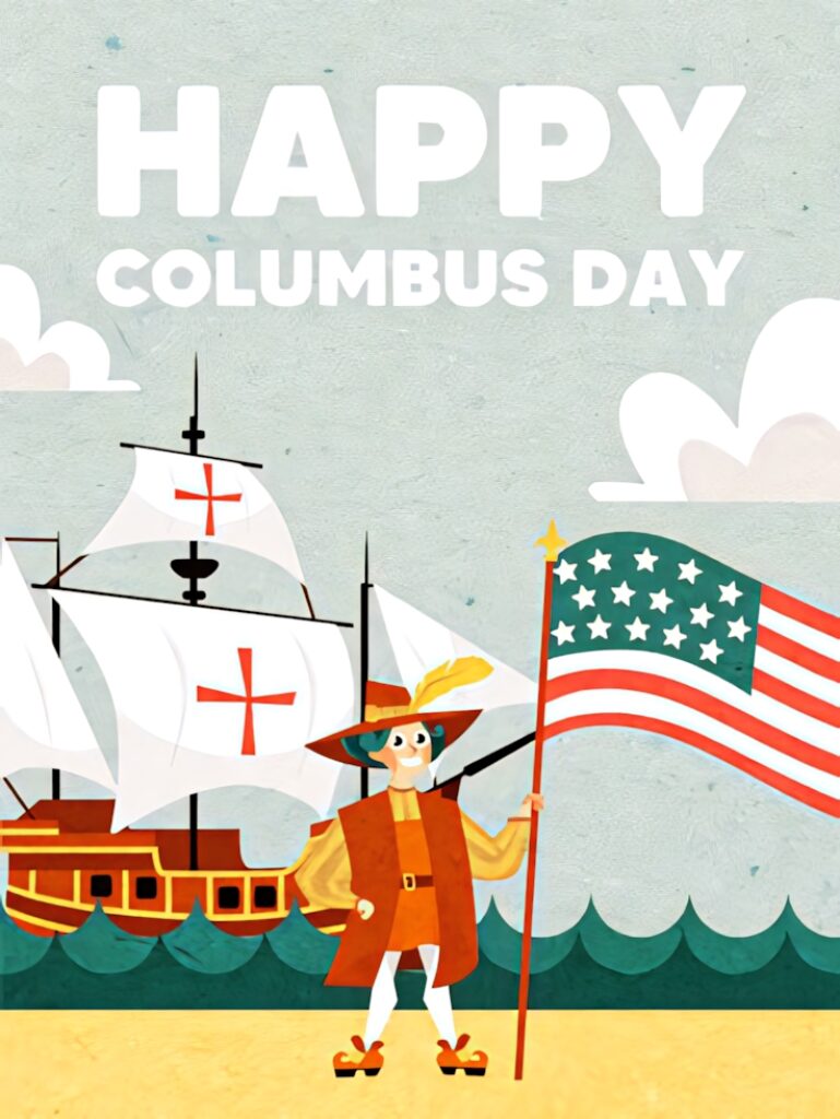 Cheerful Columbus cartoon holding American flag by sea with historic ship vibrant wallpaper