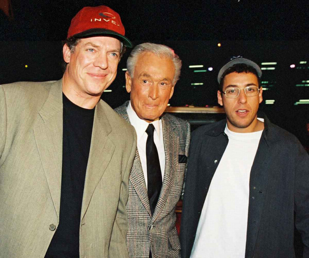 Christopher McDonald Adam Sandler with Bob Barker in vibrant 90s style wallpaper background