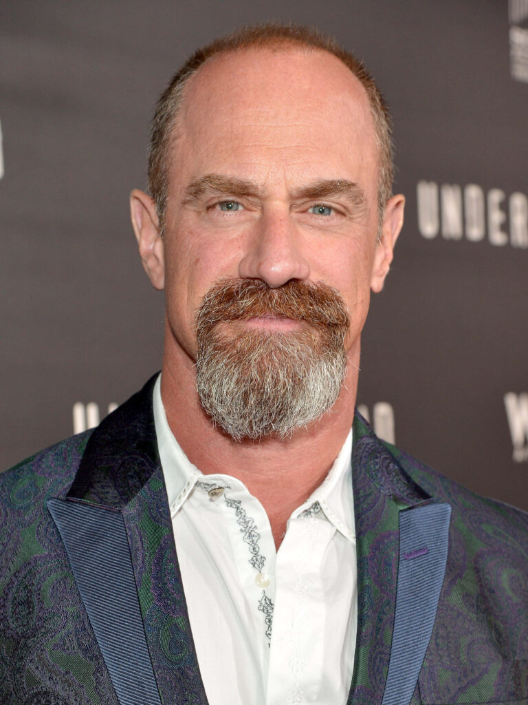 Christopher Meloni in patterned suit jacket white shirt confident intense gaze formal stylish backdrop Wallpaper