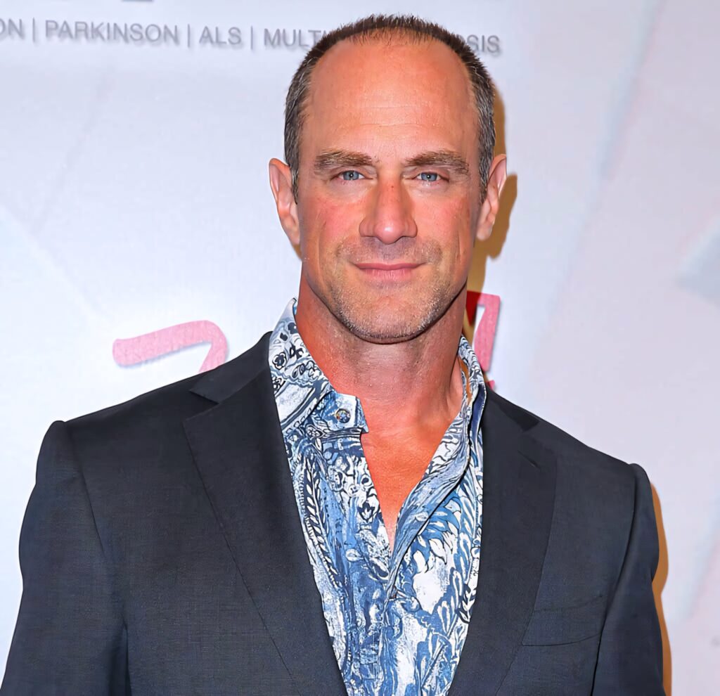 Christopher Meloni confident in dark suit and blue patterned shirt against neutral background wallpaper