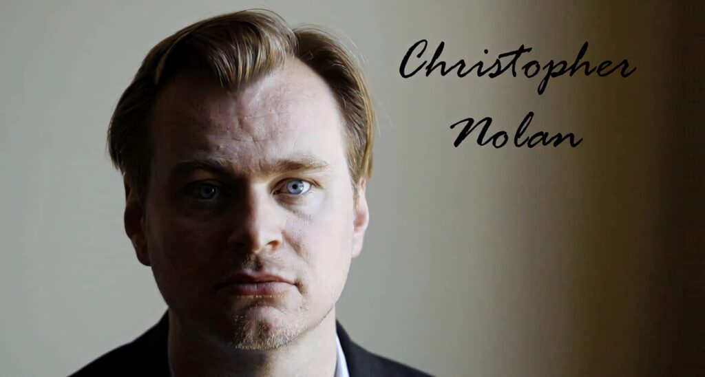 Christopher Nolan contemplative portrait wallpaper with soft lighting and cinematic elegant text background