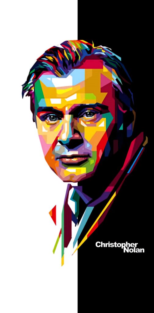 Colorful geometric pop-art portrait of director Christopher Nolan with vibrant contrasting background Wallpaper
