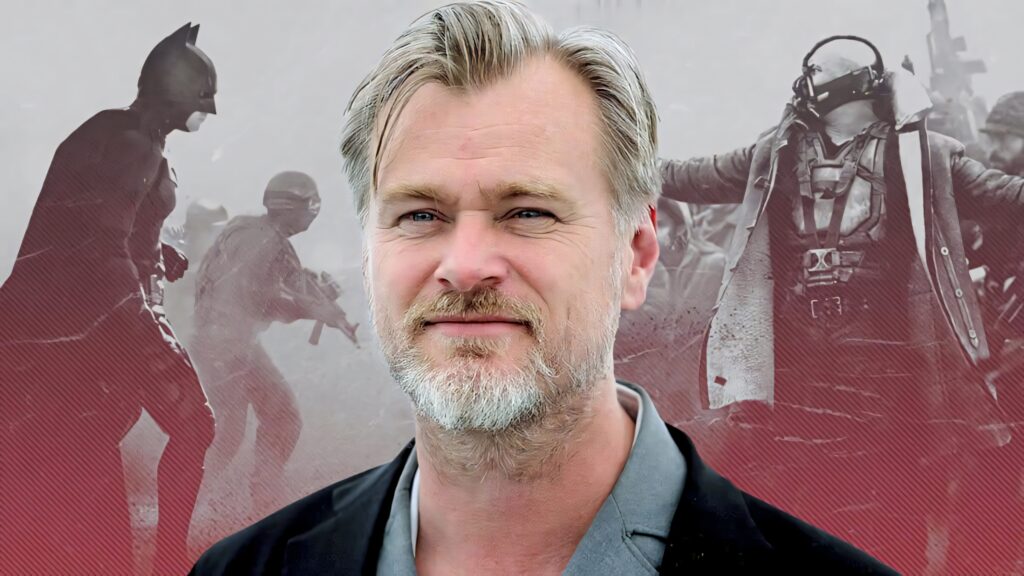 Christopher Nolan portrait wallpaper with iconic film scenes in muted grays and reds background
