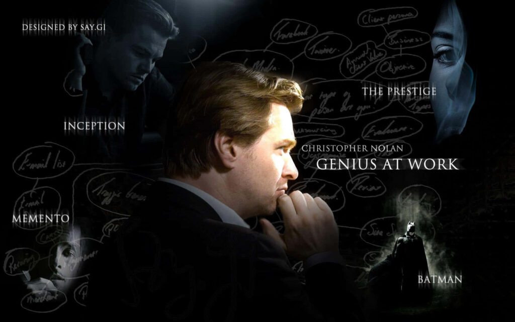 Christopher Nolan deep in thought with iconic film elements dark cinematic wallpaper background