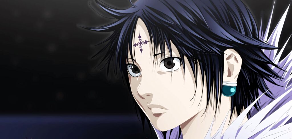 Chrollo Lucilfer anime wallpaper calm expression cross tattoo teal earring dual-toned hair dark background