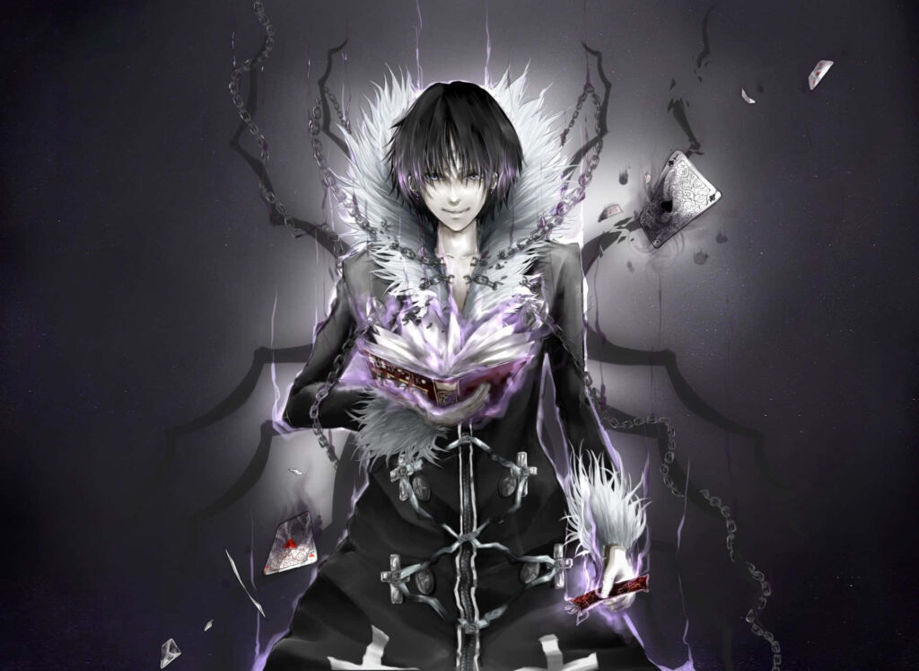 Chrollo Lucilfer battle pose with dark energy floating books fur-collared coat intense gaze Wallpaper