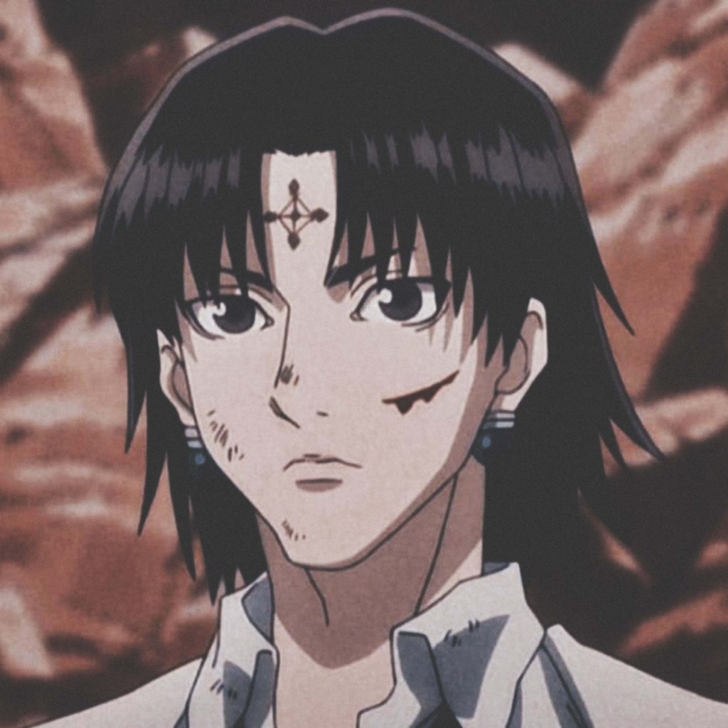 Close-up of Chrollo Lucilfer with forehead cross and earrings from Hunter x Hunter anime wallpaper