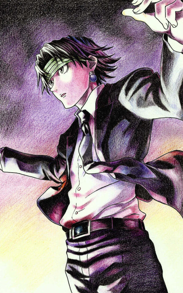 Chrollo Lucilfer Hunter x Hunter color pencil drawing wallpaper with purple yellow background