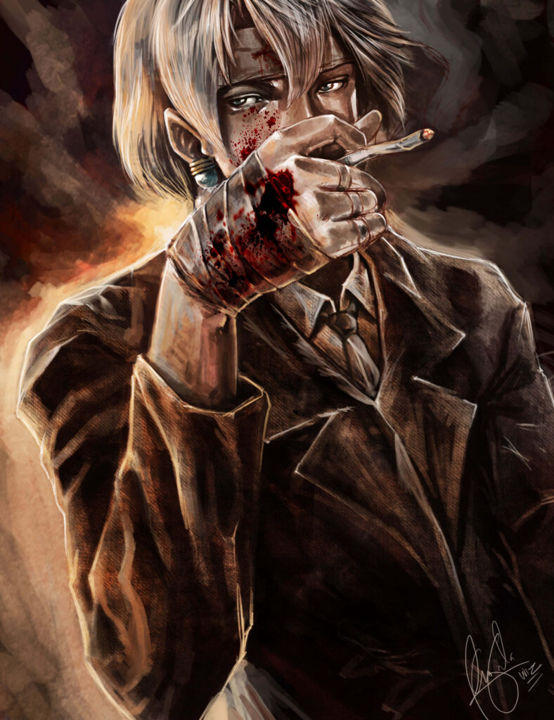 Chrollo Lucilfer dark painterly wallpaper intense gaze bloodied hand cigarette Hunter x Hunter