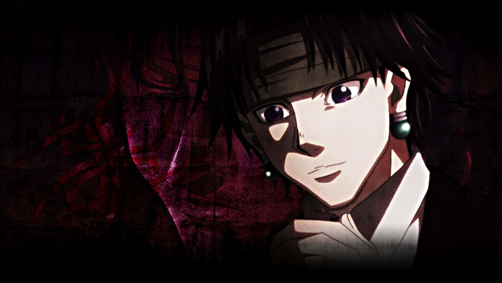 Chrollo Lucilfer dark wallpaper with piercing gaze and shadowy red textures Hunter x Hunter leader