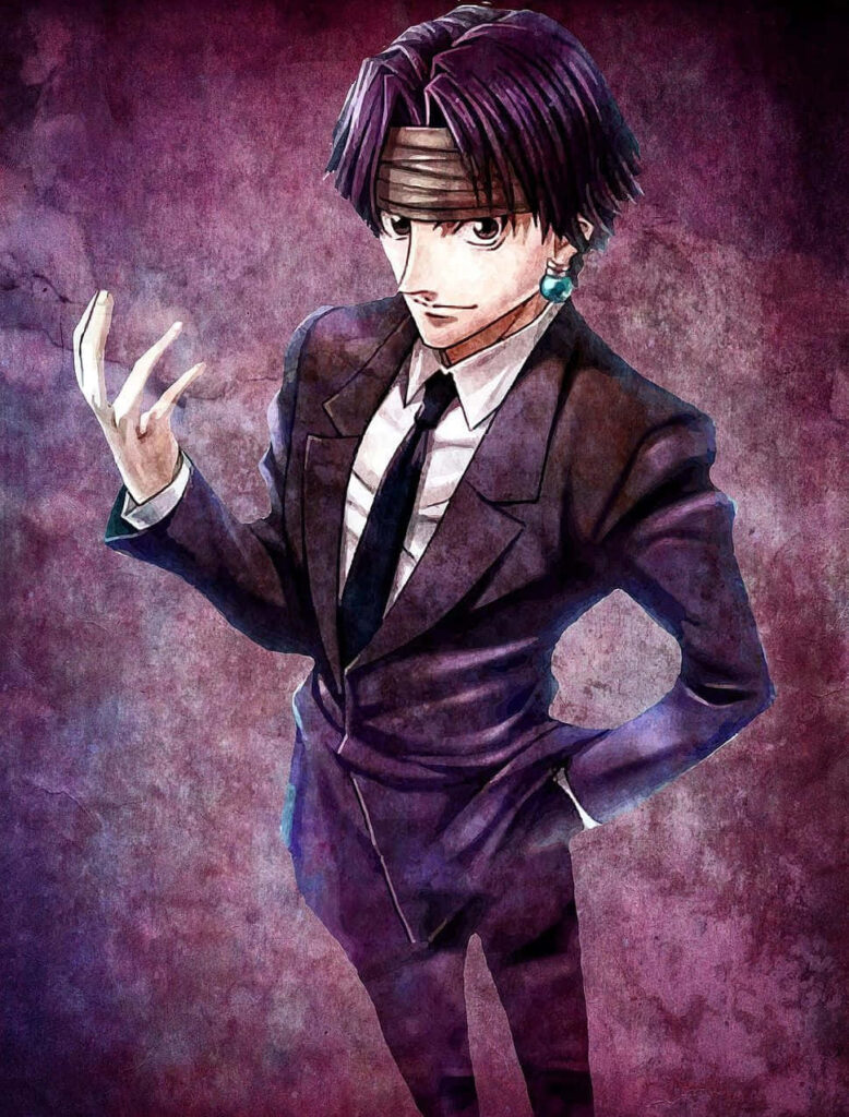 Chrollo Lucilfer grunge art wallpaper dark suit purple textured background detailed shading