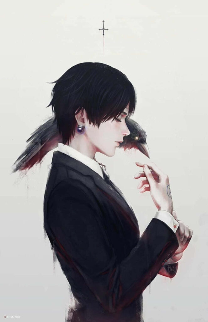 Chrollo Lucilfer Hunter x Hunter wallpaper black suit raven minimalist dark stylish background
