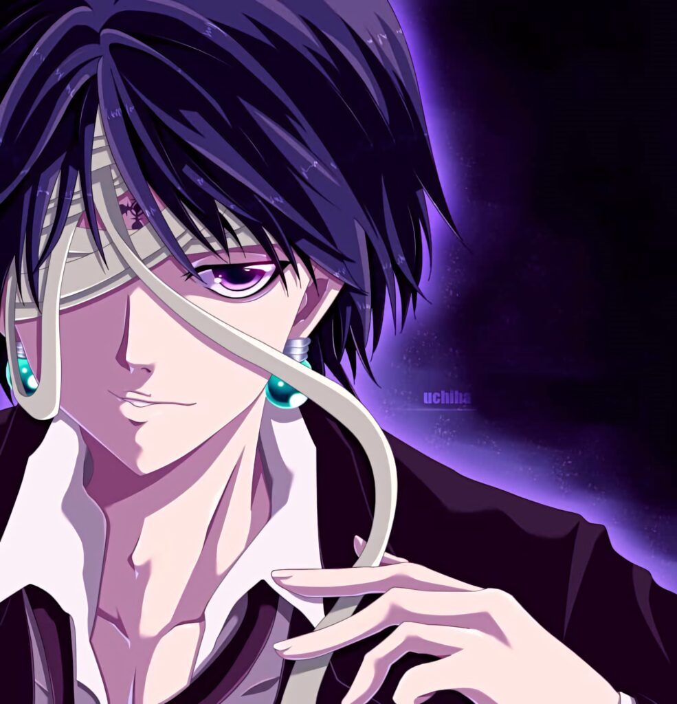Chrollo Lucilfer wrapping forehead bandage anime wallpaper dark hair cosmic background intense