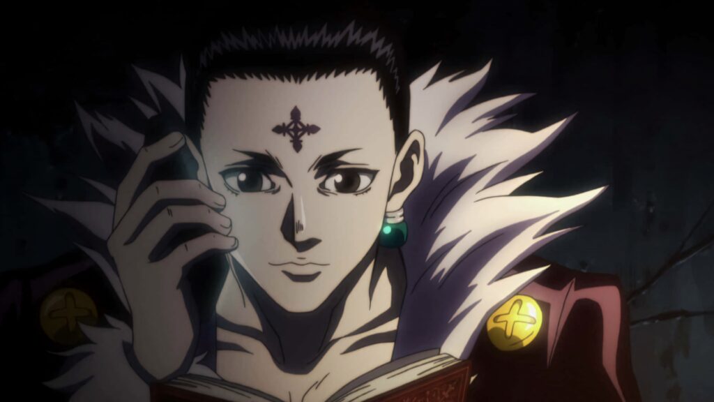 Chrollo Lucilfer anime wallpaper with cross tattoo fur coat holding book dark dramatic shadows