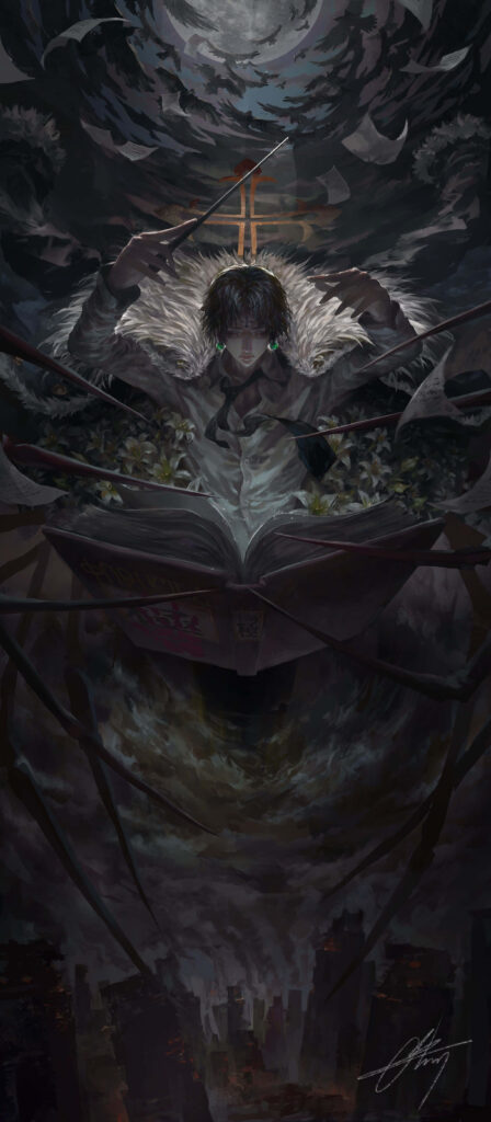 Chrollo Lucilfer Phantom Troupe leader dark scene with flowers open book detailed digital art wallpaper
