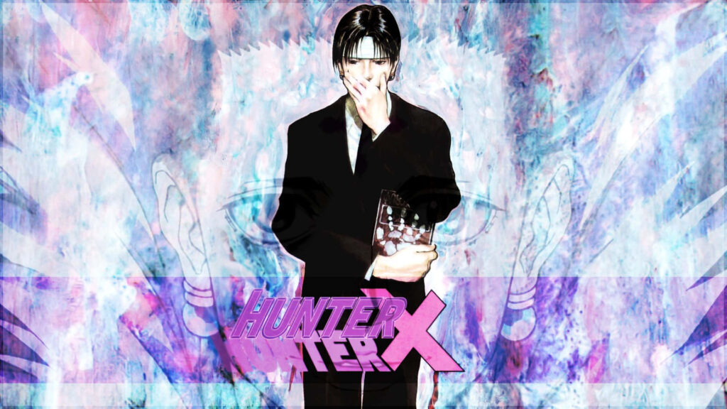 Chrollo Lucilfer in sharp suit with vivid colors on purple abstract Hunter x Hunter wallpaper
