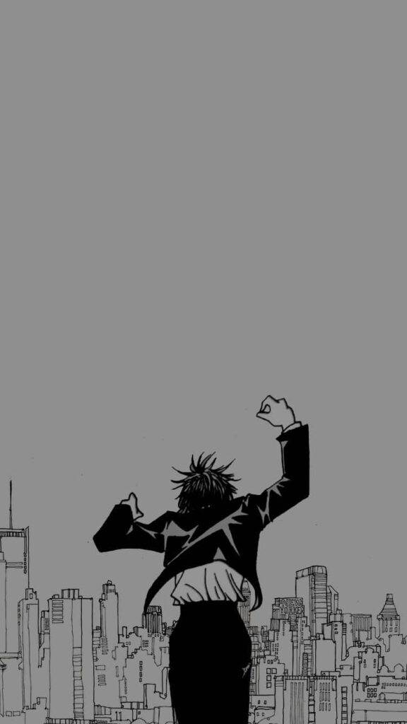 Chrollo Lucilfer in sharp suit on rooftop monochrome manga cityscape dramatic wallpaper background