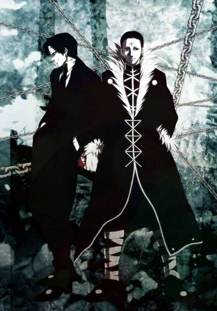 Chrollo Lucilfer and Feitan anime characters in dark scene with chains intense expressions wallpaper