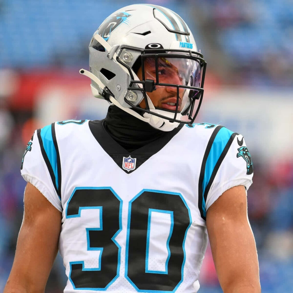 Carolina Panthers running back Chuba Hubbard in number 30 jersey during game action wallpaper