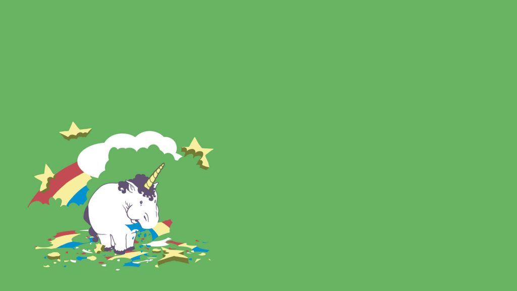 Chubby white unicorn eating colorful rainbow vector wallpaper on sage green background