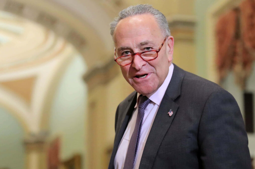 Chuck Schumer in formal suit red glasses indoor neutral background political leadership image Wallpaper