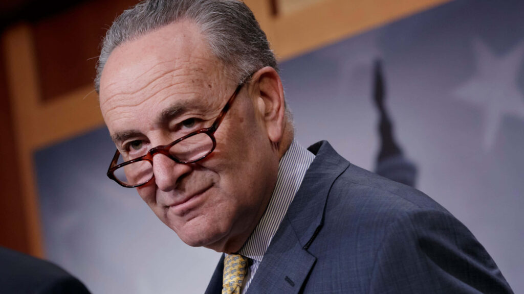 Chuck Schumer in dark suit with glasses thoughtful expression leadership wallpaper background