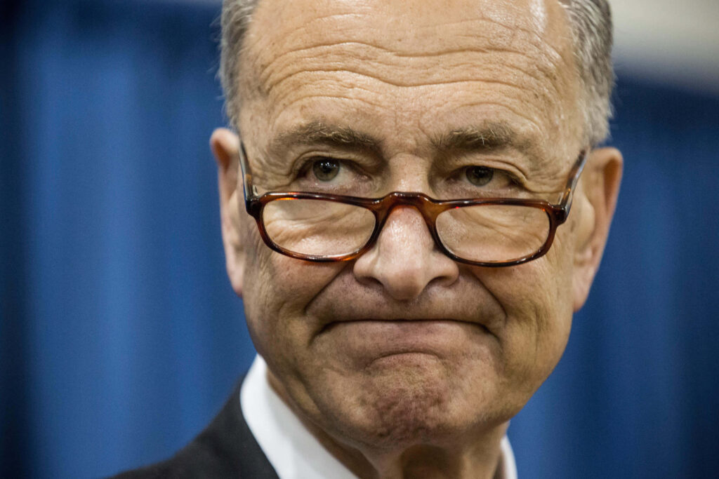 Chuck Schumer portrait with thoughtful expression blue blurred background political leader wallpaper