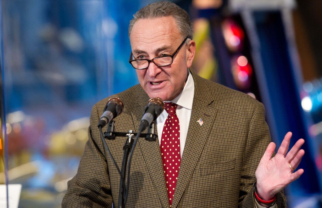 Chuck Schumer speaking at podium wearing brown checked jacket red tie with blue gold background Wallpaper