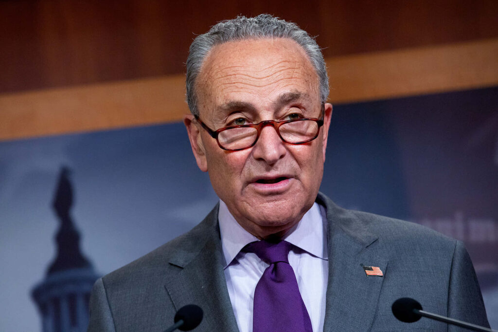 Chuck Schumer speaking at podium in suit purple tie American flag pin Capitol background wallpaper