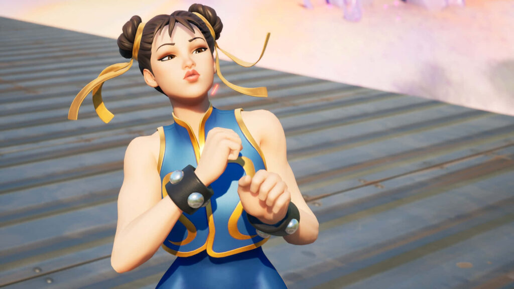 Chun Li in blue qipao with twin buns on sunlit platform dynamic 3D Street Fighter wallpaper