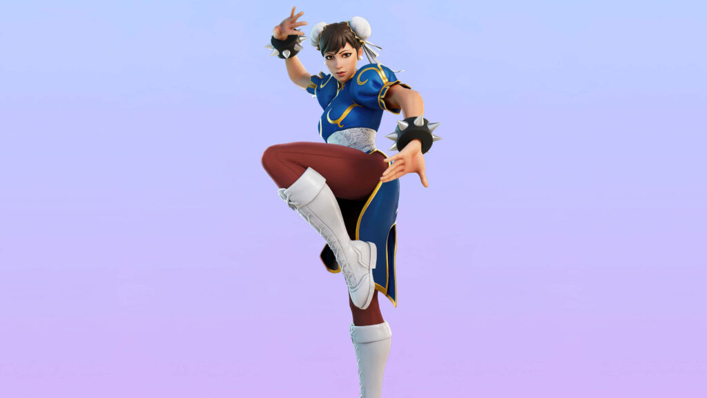 Chun-Li in dynamic pose wearing blue outfit spiked bracelets and white boots on gradient background Wallpaper