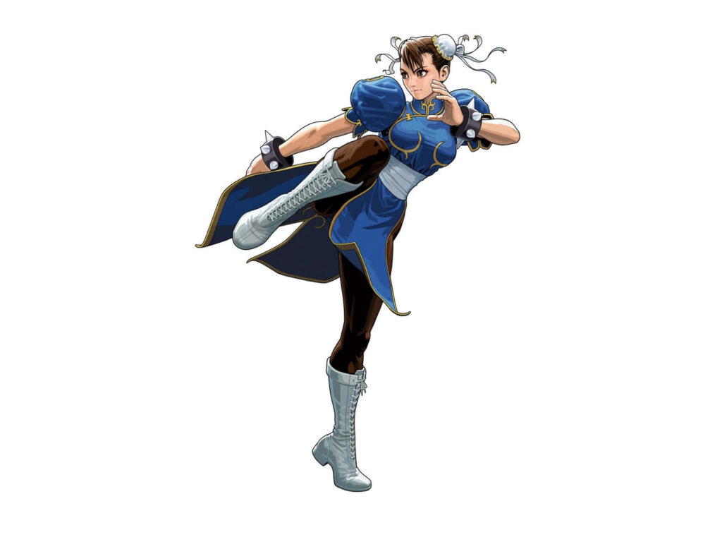 Chun-Li Street Fighter dynamic kick pose blue qipao spiked bracelets vibrant colors wallpaper