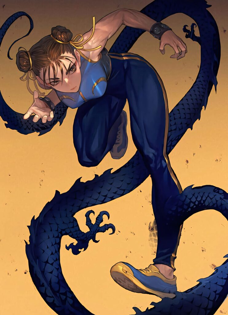 Chun-Li in dynamic pose with black dragon on golden background vibrant anime style wallpaper