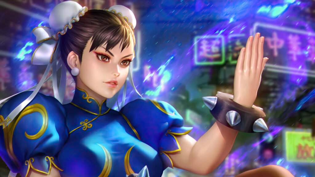 Chun Li unleashes glowing blue energy in vibrant neon city digital art with iconic qipao and bracelets Wallpaper