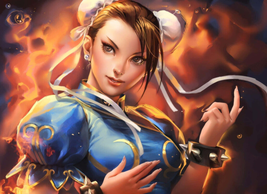 Chun Li in blue qipao with spiked bracelets against vibrant fiery flames digital artwork Wallpaper