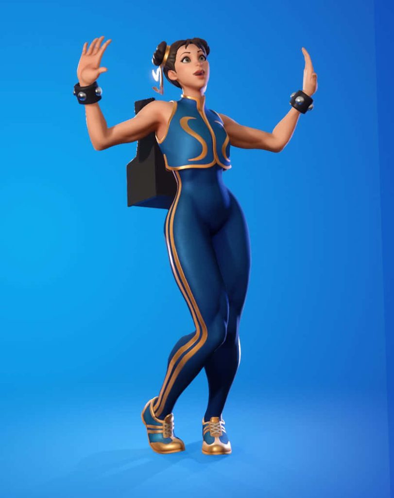 Chun-Li in blue jumpsuit Fortnite 3D wallpaper with spiked wristbands and ox-horn hairstyle