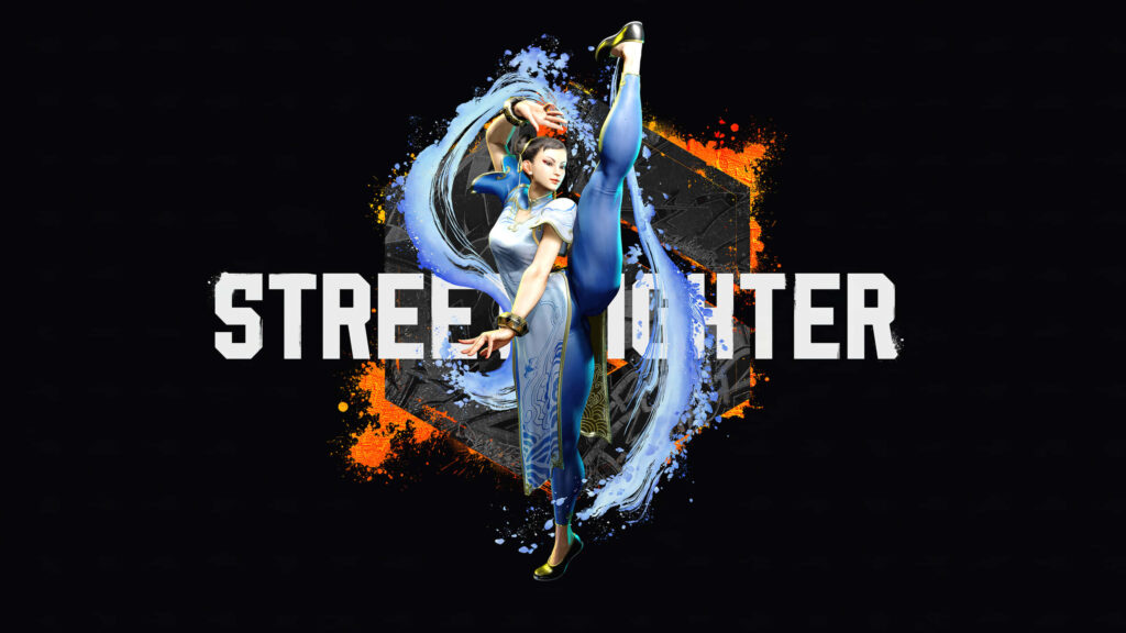 Chun Li high kick pose Street Fighter digital art vibrant blue orange brushstrokes wallpaper background