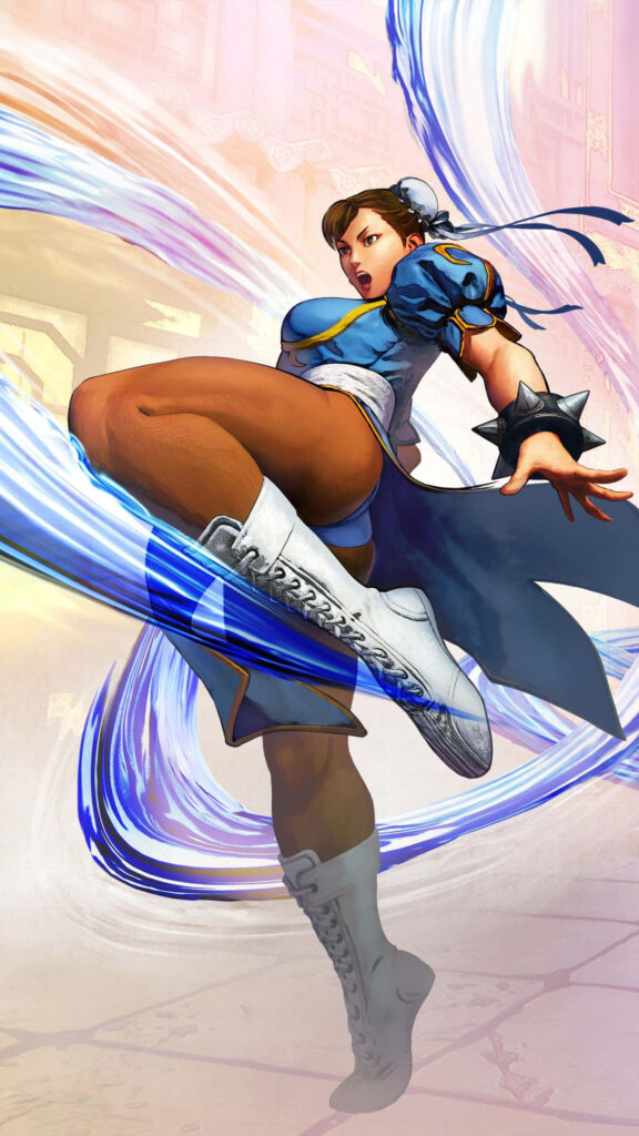 Chun Li Street Fighter high kick with blue energy trails vibrant action wallpaper background