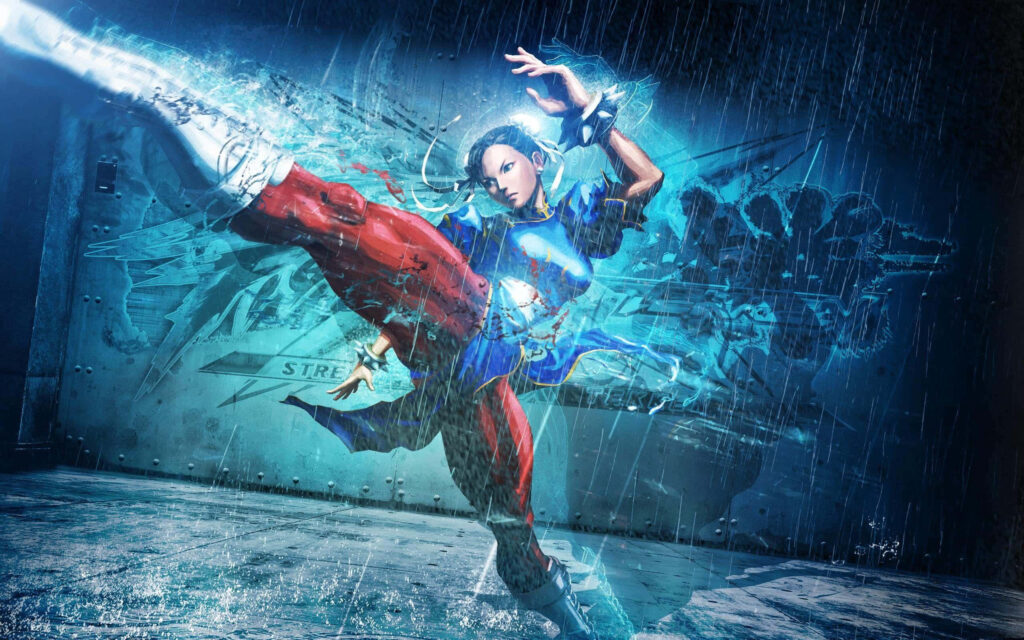 Chun Li high kick action pose in rain urban background vibrant blue red Street Fighter wallpaper