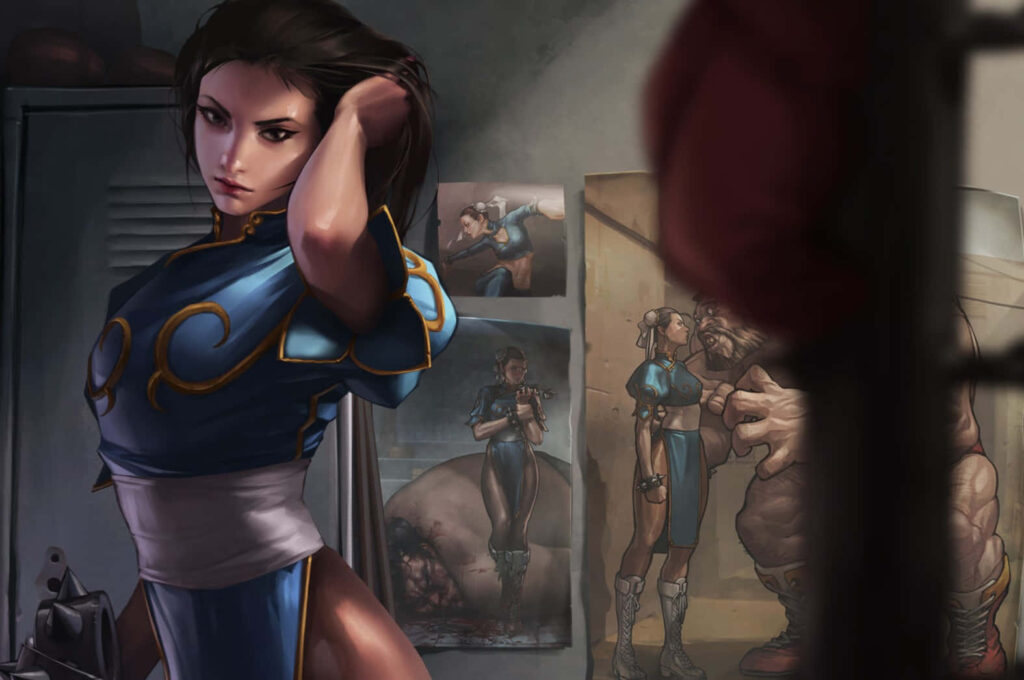 Chun-Li in blue qipao locker room preparing for fight with dramatic lighting and fight posters Wallpaper